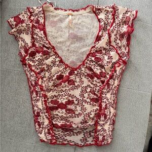 Free People Red and White Ruched Cap Sleeve Blouse